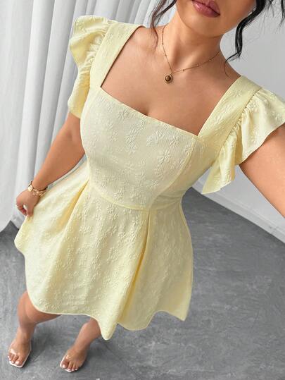 Elenzga Váy viền xếp nếp Jacquard thanh lịch màu vàng nhạt