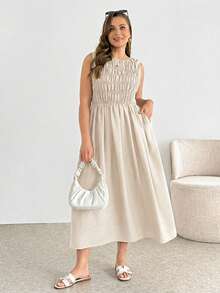 SHEIN Essnce Đầm midi không tay màu nâu dáng suông thoải mái, ôm dáng, dành cho nữ cỡ lớn, thích hợp mặc mùa xuân/hè, có túi, thích hợp mặc hàng ngày, đi nghỉ mát. - Màu be - Xem 6