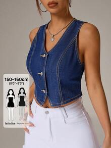 SHEIN PETITE Chaqueta corta de mezclilla de mujer con cuello en V sólido y sin mangas, ajustada, de moda para el verano - Azul - Ver 1