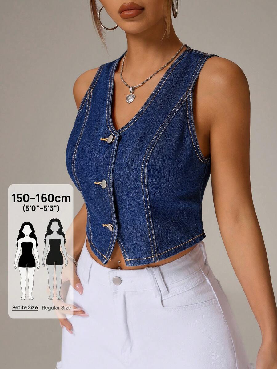 SHEIN PETITE Chaqueta corta de mezclilla de mujer con cuello en V sólido y sin mangas, ajustada, de moda para el verano - Azul - Ver 1