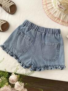 SHEIN LMoss Kids 女婴蓝色夏季休闲荷叶边松紧腰牛仔短裤 - 藍色 - 查看 2