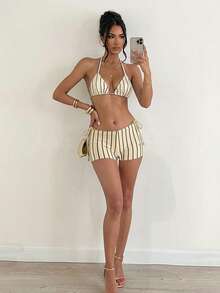 Swim Mod Women's Summer Beach Striped Halter Tie Sexy Bikini Swimsuit Set - Multicolor - View 5