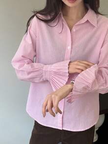 DAZY 女款休閒條紋百褶喇叭袖長袖襯衫，適合秋冬夏季 - 粉色 - 查看 3