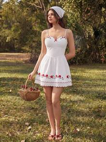 Sweetness French Vacation Rose Embroidery Sweet Mini Dress For Women - White - View 5