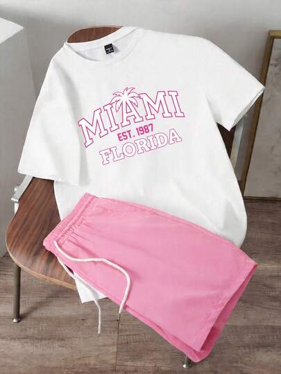 Manfinity Joysei Men's Standard Size White Short Sleeve T-Shirt And Pink Woven Shorts Set, Coconut Tree And Miami Slogan Print Design, Vacation Outfit, Suitable For Summer Outings