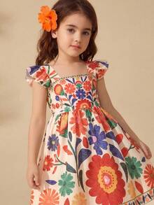 SHEIN Young Girl' Red Floral Pattern Ruffle Hem Casual Dress, Suitable For Outing And Vacation - Apricot - View 5