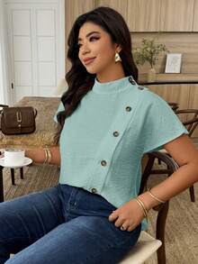 Weeklong Blusa suelta con botones asimétricos de estilo casual para mujer, adecuada para uso diario y atuendo de oficina, primavera/verano - verde menta - Ver 3
