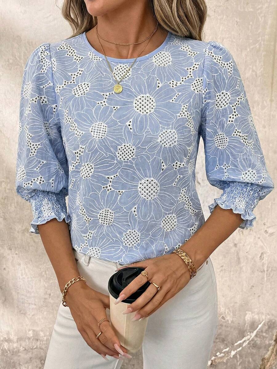 SHEIN Clasi Blusa de cuello redondo con bordado romántico de margaritas - Azul - Ver 1