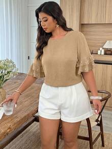 SHEIN LUNE Plus Size Women's Round Neck Ruffle Sleeve Beaded Casual Blouse, Spring/Summer - Khaki - View 7