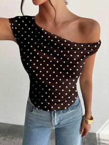 Firerie Blusa asimétrica elegante con pliegues, blusa retro de lunares, adecuada para vacaciones, salidas casuales, viajes vintage - Marrón - Ver 5