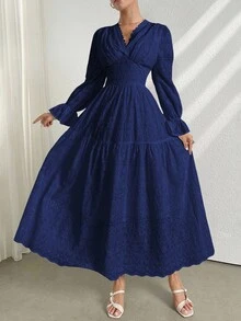 Modelyn Đầm dài thanh lịch màu trơn cổ chữ V tay raglan thắt eo dành cho nữ - Xanh đậm - Xem 7