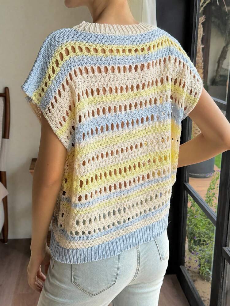 Hollow See-Through Yellow Vacation Short Sleeve Women Knit Top