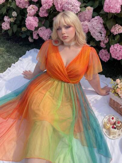 Lyrianda Plus Size Colorful Ombre Asymmetrical Hem Short Sleeve Punk Dress, Spring/Summer