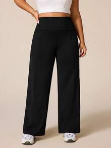 Rhythm Era Plus Size Women Casual Solid Color High Waist Loose Wide Leg Sports Pants - Black - View 6