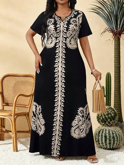 Villa Velisse Plus Size Women's Summer Positioning Printed Casual Holiday Short-Sleeved Dress