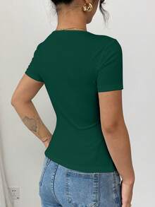 EMERY ROSE Sexy Fitted Metal Button Ribbed Casual Short Sleeve T-Shirt For Women - Dark Green - View 2
