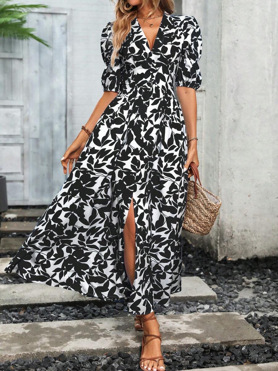 Đầm maxi tay phồng in họa tiết toàn thân dành cho nữ. - màu đen - Xem 1