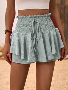 LanaWest Women's Vacation Casual Solid Color Ruffle Hem Shorts - Light Grey - View 5