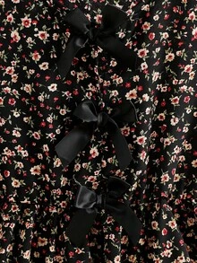 SHEIN 女童时尚碎花两件套：棕色蝴蝶结装饰无袖上衣 + 同色系阔腿裤，甜美可爱夏季休闲装 - 黑色 - 查看 9