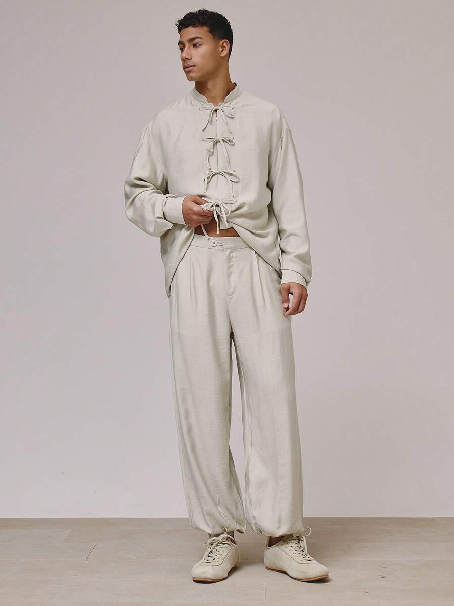 Musero Ballon Leg Fit Side Fastening Tailored Pleated Trouser Pants Spring Summer Holiday Essentials - Grey - View 1