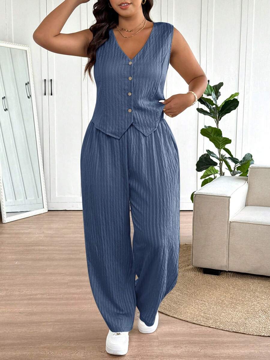 SHEIN Frenchy Women's Plus Size Textured Button Vest And Casual Loose Pants Set - Blue - View 1