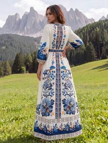 CAJUNI Vestido casual de mujer con estampado floral, cuello en V y mangas farol, para primavera/verano - Beis - Ver 2