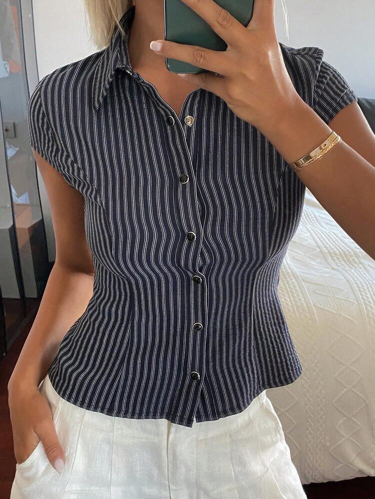 Women's Striped Fitted Polo Collar Short Sleeve Casual Vacation Summer Top