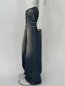 DAZY Jeans larges et amples pour femmes, style western cowgirl, lavage délavé, décoration de strass, tenue de rue décontractée, printemps/été - Bleu azur - Voir 4