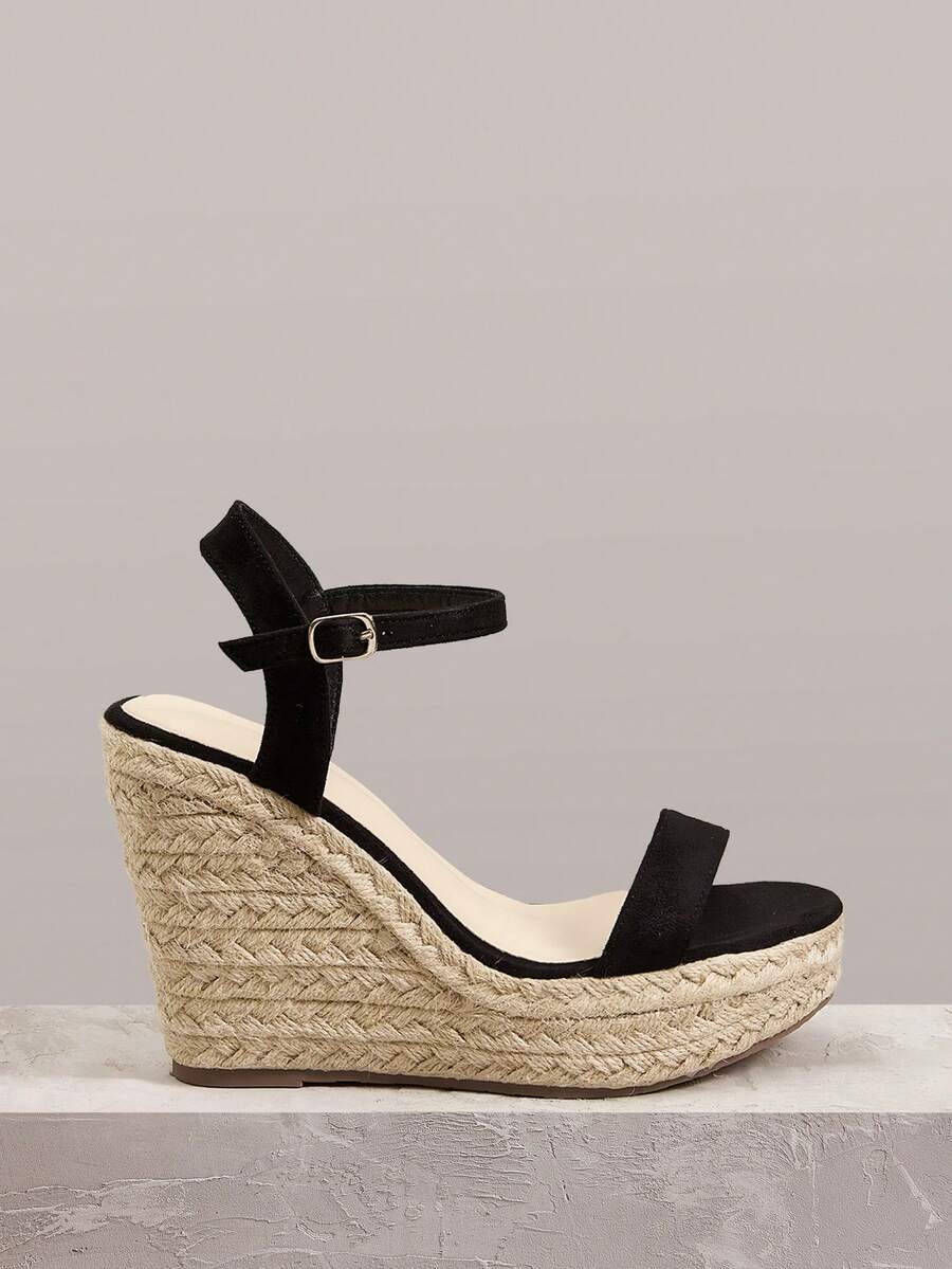 Styleloop Women Shoes Apricot Colorful Hollow Hemp Rope Straw Shoes Wedge Heel Platform Sandals Strap Shoes, Bohemian, Summer Wear, Vacation Atmosphere - Black - View 1