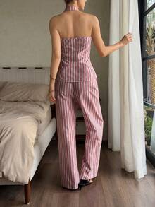 DAZY 2件套女士圆领无袖蝴蝶结条纹套装 - 紅色 - 查看 3