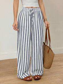 SHEIN PETITE Quần ống đứng kẻ sọc thoải mái dành cho nữ, thích hợp cho kỳ nghỉ. - Nhiều màu - Xem 5