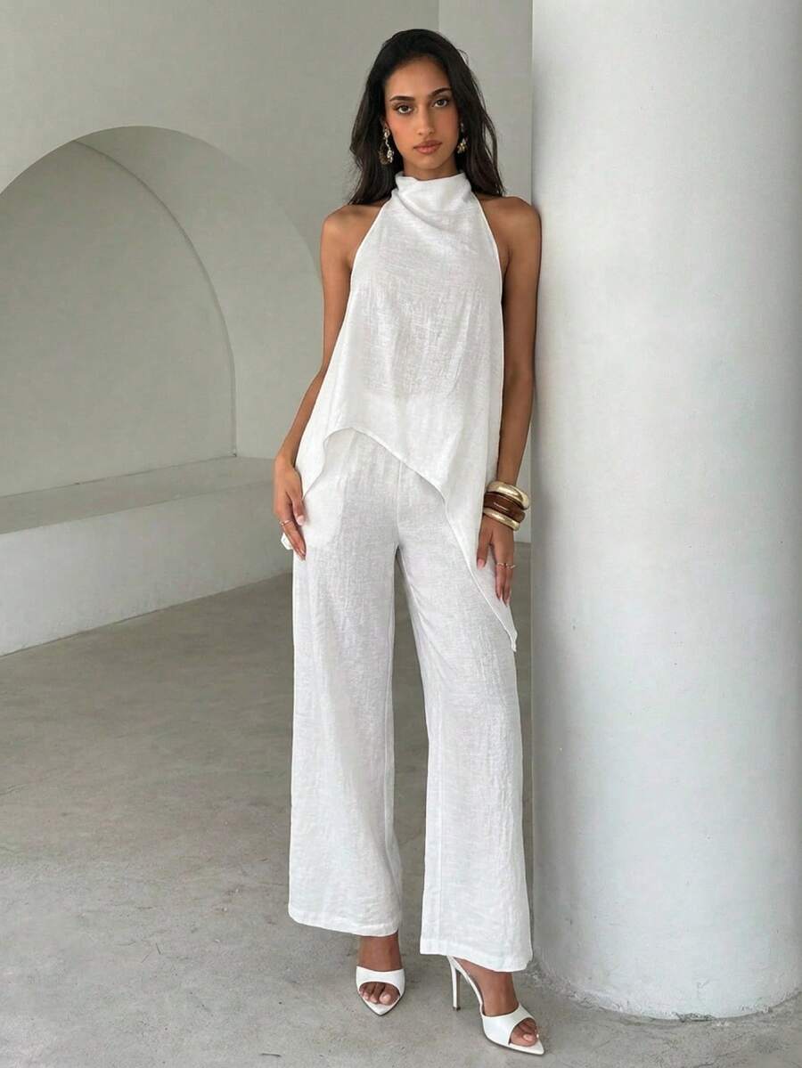 Aloruh Women's Asymmetrical Neck Top + Wide Leg Pants Set - Brown - View 1