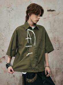 ROMWE MEN Street Life 男士纯色中式牛仔衬衫 - 軍綠色 - 查看 6