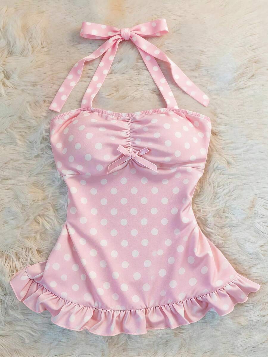 GlowEve Cute & Sweet Fitted Tank Top With Polka Dot Neck Tie Bow Decor For Women - Pink - View 1