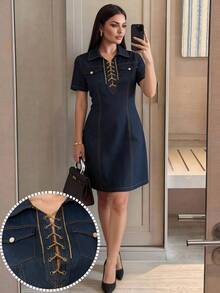 Heiryn Women's Metal Decor Pocket Fashion Short Sleeve Mini Dress - Blue - View 9