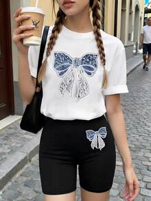 2 pièces/Set T-shirt à manches courtes à col rond avec imprimé nœud papillon et short skinny tricoté pour adolescentes. Tenue décontractée et minimaliste pour le printemps et l'été - Blanc - Voir 5