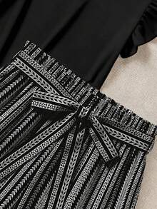 SHEIN LUNE Bộ đồ 2 mảnh gồm quần ống rộng thắt nơ kẻ sọc và áo tay ngắn, cỡ lớn. - Nhiều màu - Xem 4