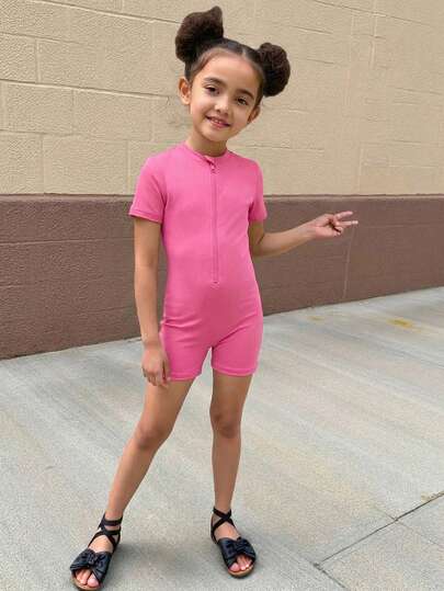 SHEIN Bubblio Mädchen Einfarbiger Strick Mock Neck Halb-Reißverschluss Figurbetonter Jumpsuit Sportbekleidung