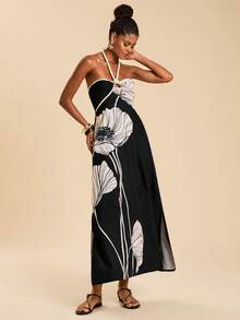 Travachic Vestido largo elegante y casual de color contrastante para mujeres - Negro - Ver 5
