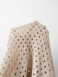 SHEIN Women Summer Beige Knit Vest,V-Neck Sleeveless Openwork Two-Tone Polka Dot Eyelet Pattern,Casual Autumn ,Ribbed Hem Retro Layering Style Occasion - Khaki - View 7