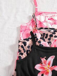 SHEIN Elladie kids 3件套女童夏季新款2025碎花印花及纯色连体短裤套装，简约时尚度假风 - 彩色 - 查看 6