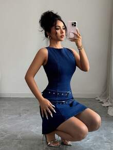 Elenzga 复古修身牛仔迷你裙，收腰无袖修身连衣裙（女款） - 深色水洗藍 - 查看 3