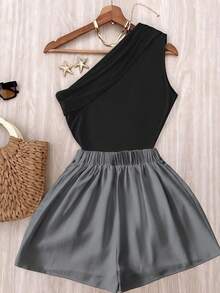 EMERY ROSE Casual Commuting High Elasticity Solid Brown Pleated Shoulder Top And White Elastic Waist Pants Set Zoey Outfit Outfit 2 Pieces Set Zoo Outfits Women - Grey - View 2