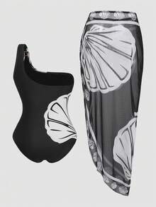 Swim Oasis 2026 New Holiday Wrap Skirt Beach Gym Summer Vacation Shell Print Asymmetric Neckline Design Island Vibe Adjustable Side Tie Lightweight Cover-Up - Black and White - View 2