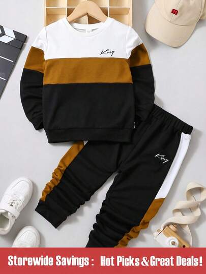 SHEIN Áo nỉ & quần bó sát họa tiết chữ Young Boy Letter