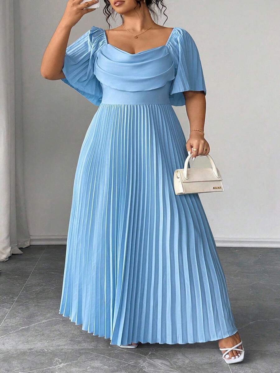 SHEIN CURVE+ Vestido midi con volantes y pliegues en el bajo, manga de pétalos, talla grande, azul, adecuado para primavera, verano y otoño - Azul - Ver 1