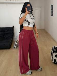 SHEIN Coolane 女士加大码春夏简约基础款日常街头休闲运动风法式灰色宽松低腰阔腿运动裤 - 酒紅色 - 查看 6