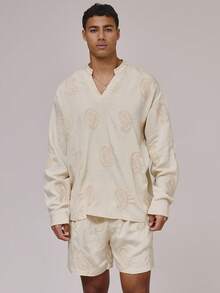 Musero Relaxed Fit Stand Collar Long Sleeve V Neck All Over Patterning Detailings Shirt Spring Summer Holiday Essentials - Apricot - View 5