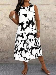 SHEIN Clasi Plus Size Floral Print Sleeveless Casual Dress - White - View 3