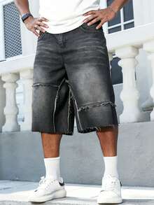 Manfinity Roghcode Men Plus Size American Streetwear Patchwork Frayed Hem Wide Leg Denim Shorts - Black - View 3